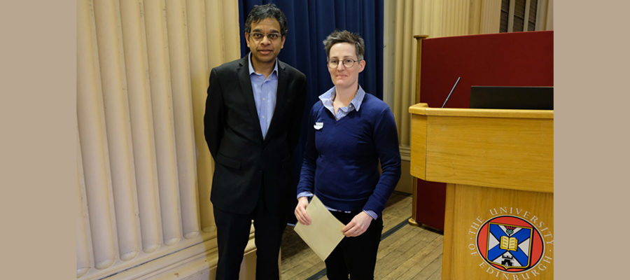 Dr Laura McWhirter receives the John D Matthews award from Prof Siddharthan Chandran